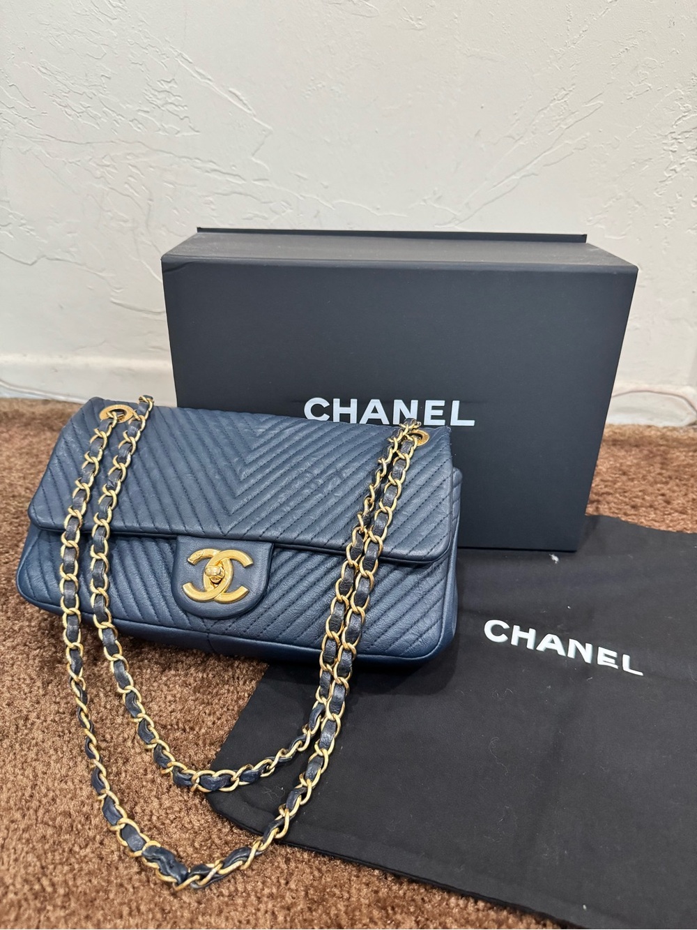 Chanel Navy Calfskin Surpique Chevron Flap Bag in Medium Gold Hardware
